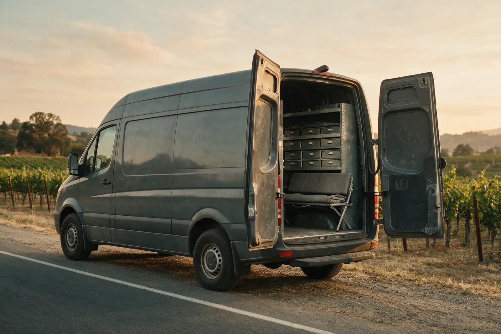 Vintage Lock & Key van on a Sonoma County road at dusk