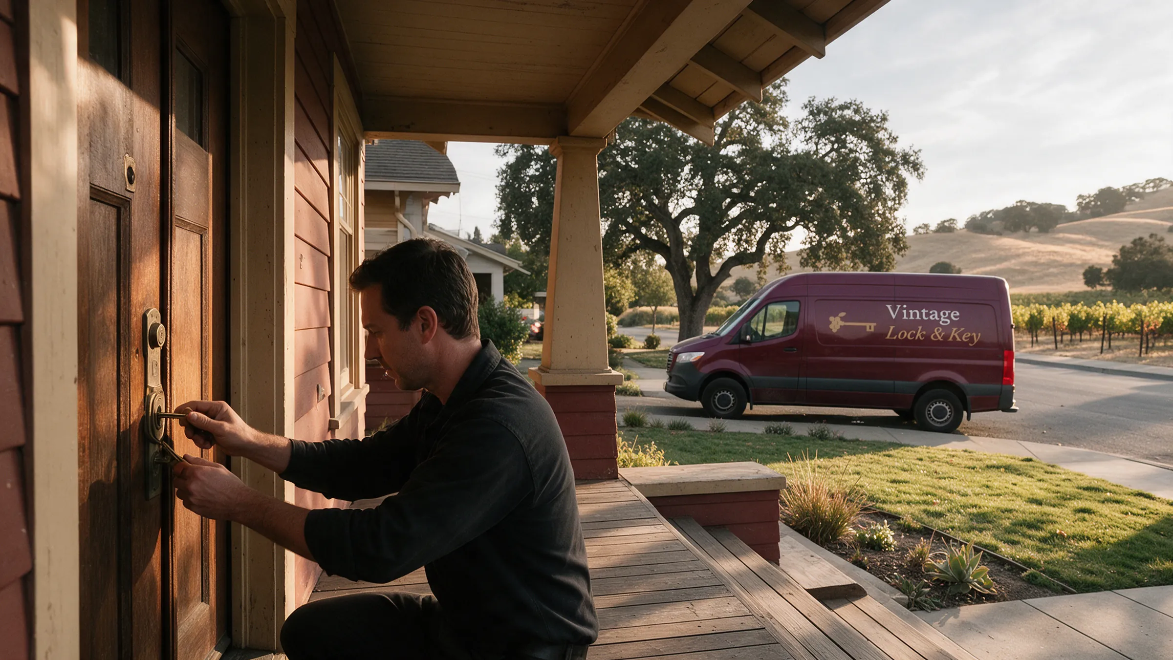Vintage Lock & Key technician fitting a key at the front door of a Santa Rosa bungalow