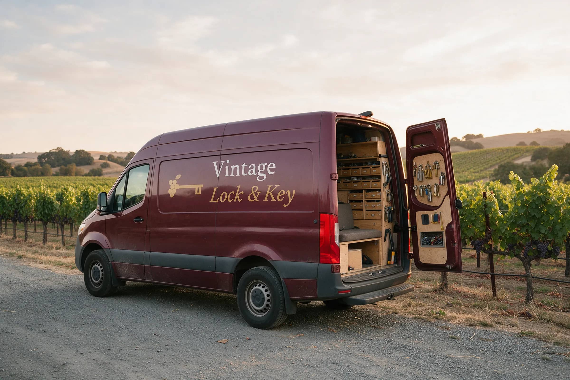 Vintage Lock & Key van on a Sonoma County road at dusk